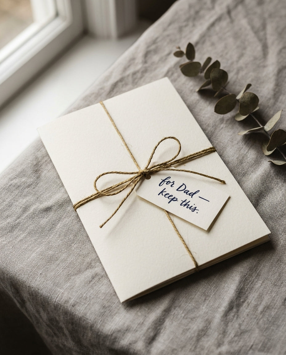 Dad Coupon Book tied with brass twine and a 'for Dad' tag
