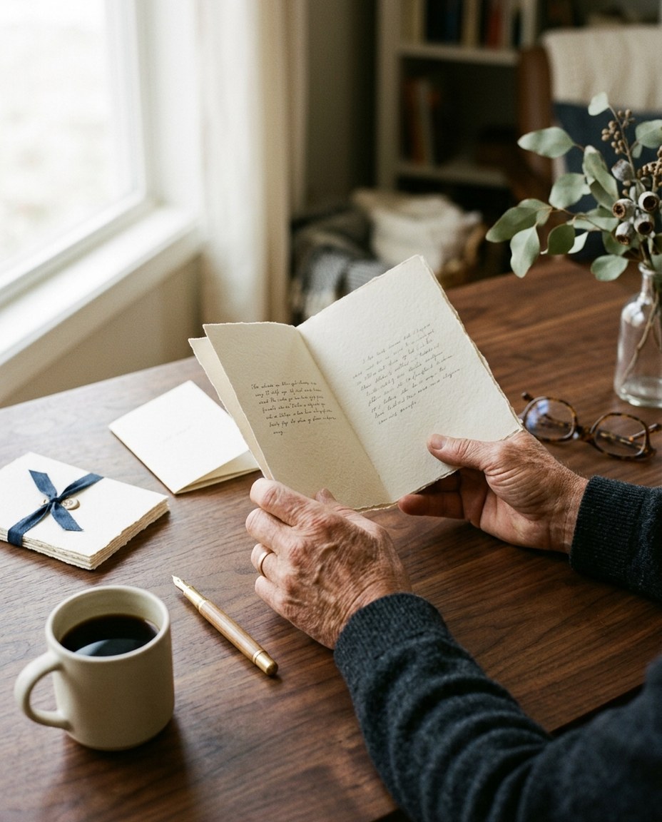 A father reading a Keptkin keepsake booklet at his desk with coffee and reading glasses
