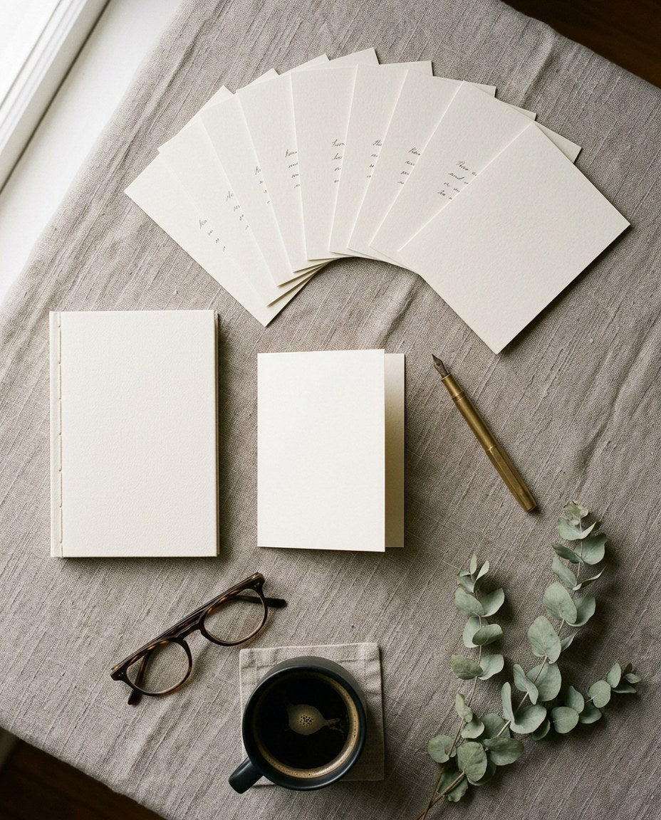 The Father Set laid out — conversation cards fanned beside the booklet and folded card