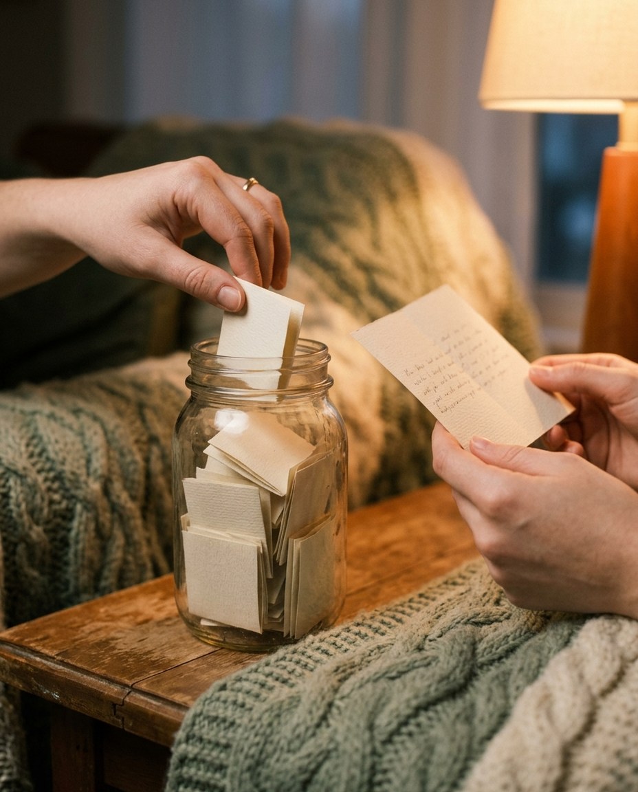 Pulling a reason card from the keepsake jar by warm lamplight