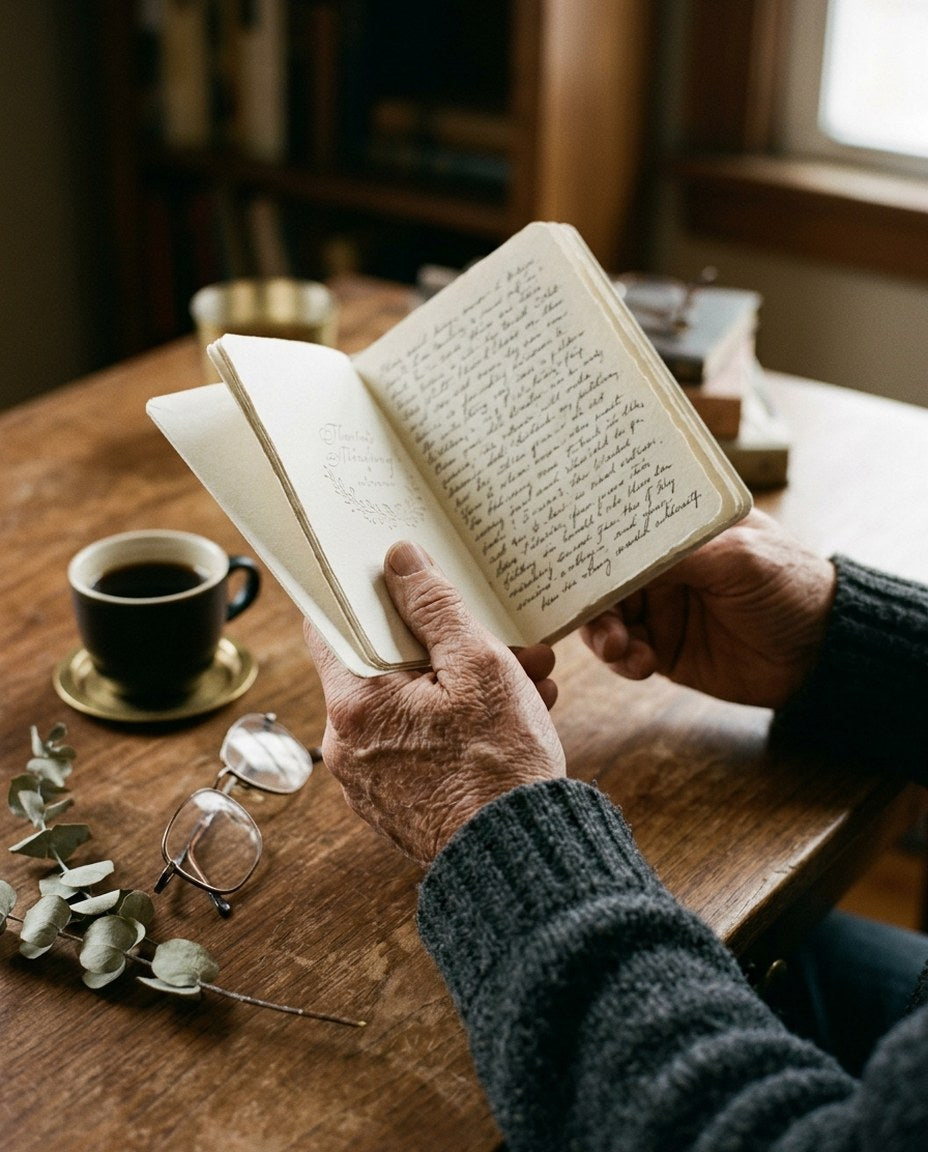 A father reading his filled-in About Your Father keepsake