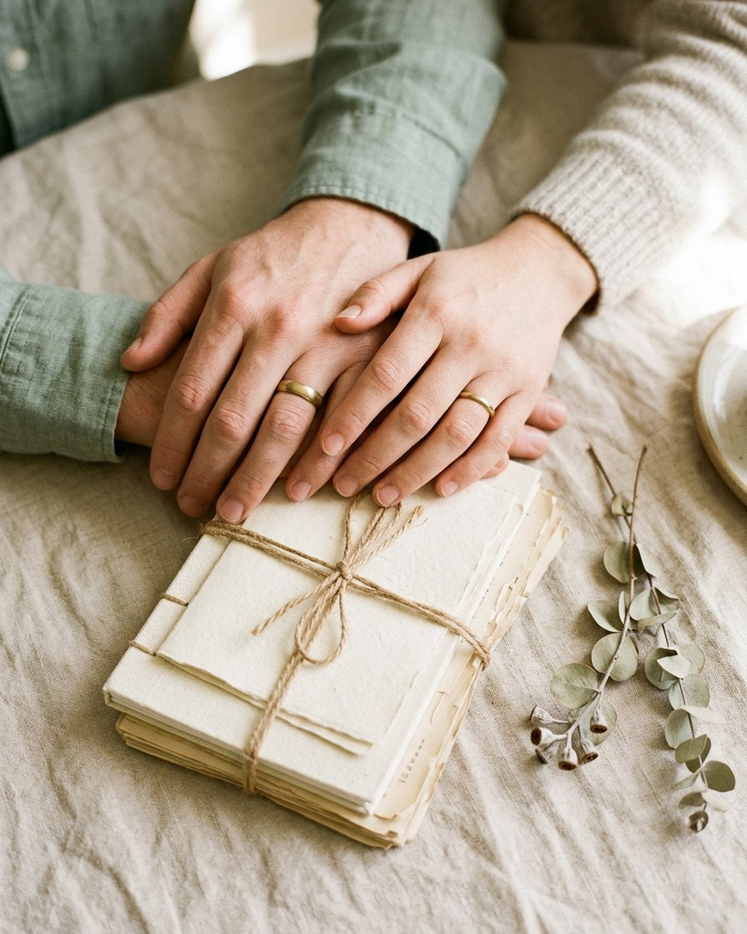 A couple's hands resting together on the tied keepsake set