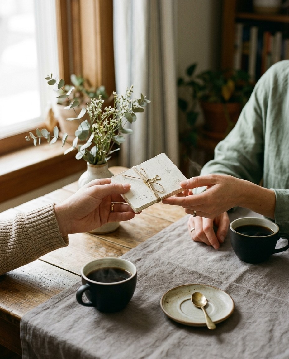 A couple passing the Love Coupon booklet across the breakfast table
