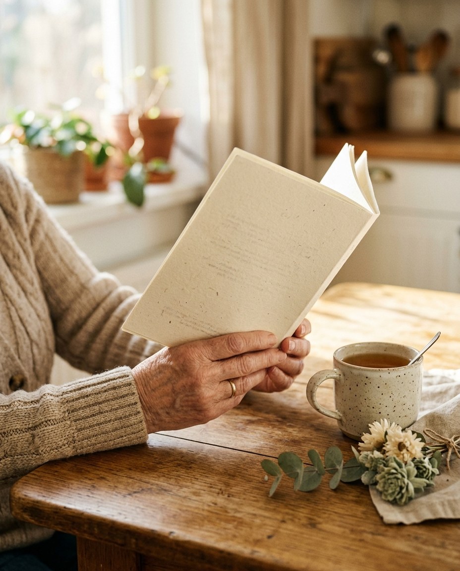 A mother reading her Mom Coupon Book at the kitchen table with tea