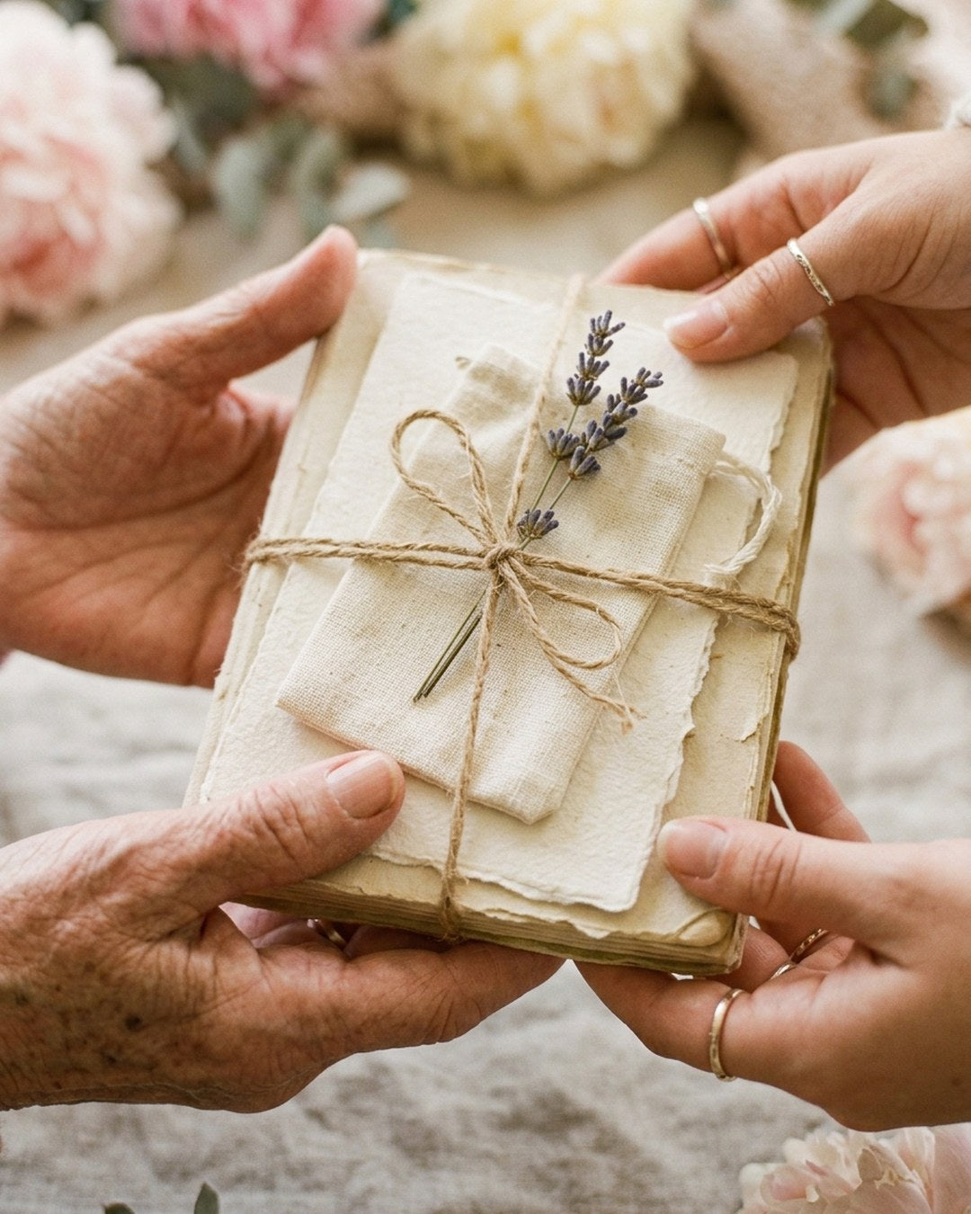 Giving the tied Mom Keepsake Set into her hands among peonies