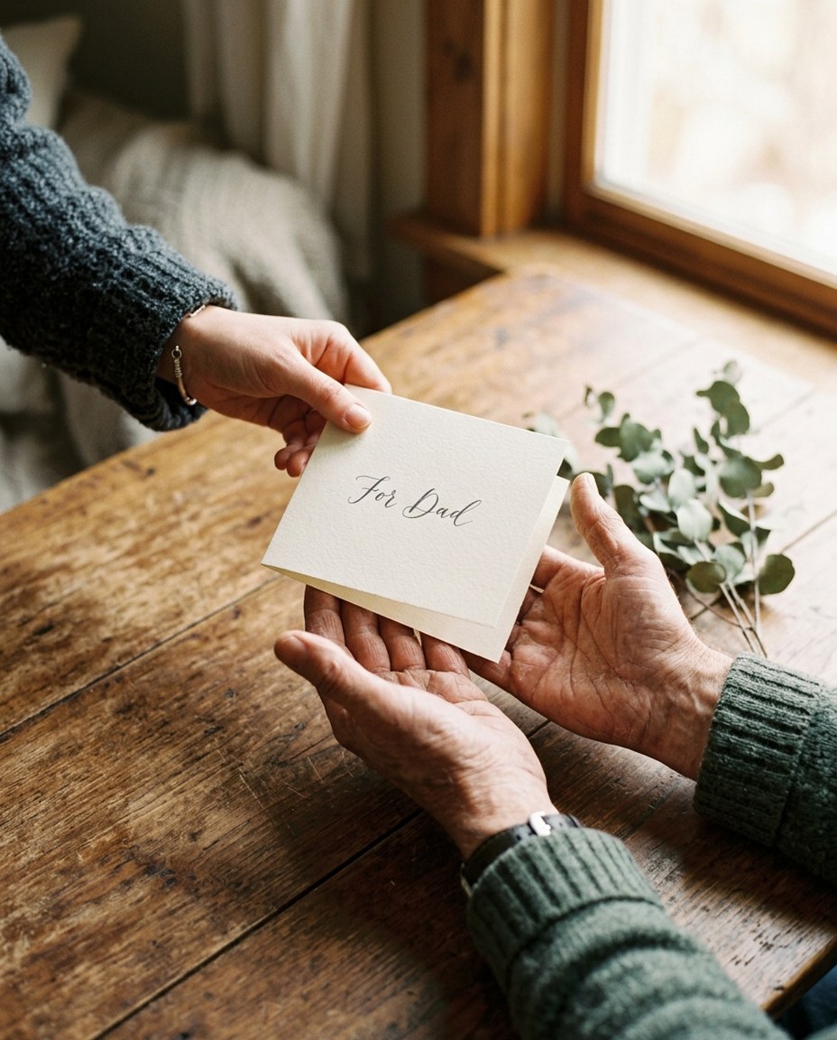 Giving a folded For Dad note into his hands