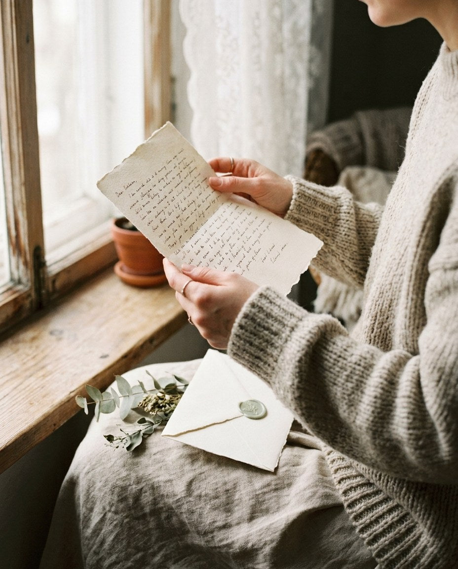A woman reading a handwritten Open When letter by the window