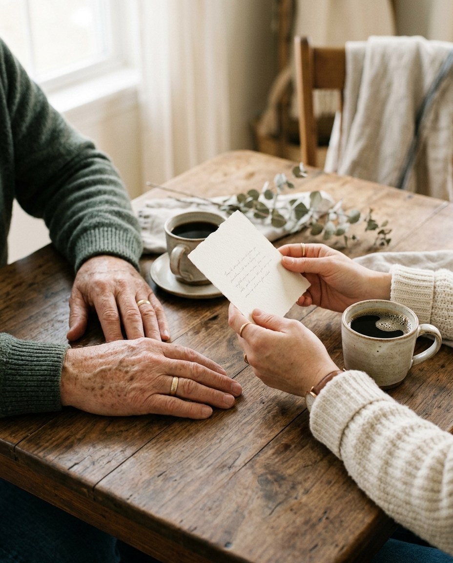 Sharing a Questions for My Father card across the table